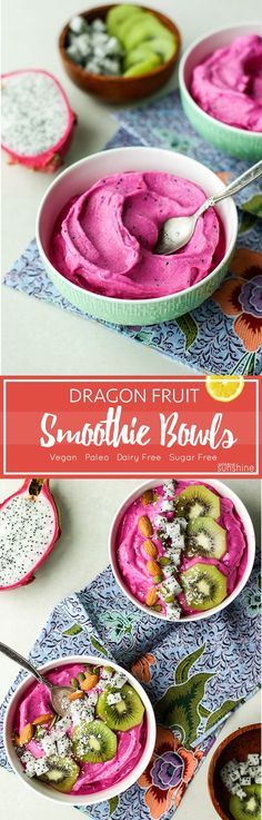 dragon fruit smoothie bowls with kiwis in them