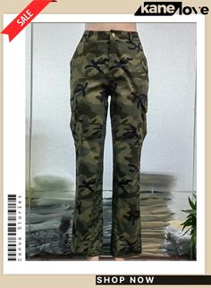 Straight-leg Camouflage Casual Pants High Waist Military Pants With Side Pockets, Full Length Camouflage Cargo Bottoms, Camouflage Full-length Cargo Bottoms, Spring Military Pants With Cargo Pockets, Camouflage Wide Leg Cargo Bottoms, Fall Straight Cargo Jeans In Khaki, Full Length Camouflage Bottoms With Cargo Pockets, Fall Khaki Straight Cargo Pants, Camouflage Parachute Pants With Cargo Pockets