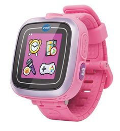 a purple smart watch with various pictures on the screen and buttons for learning to read