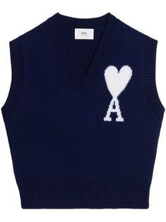 AMI Paris logo-intarsia Knit Vest - Farfetch Pull Made In France, Paris Logo, Sweaters And Cardigans, Knitted Vest, Yoko London, City Dress, Ami Paris, Summer Beach Wear, Knitwear Design