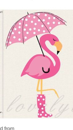 a pink flamingo with polka dots holding an umbrella