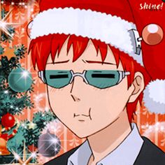 a man with red hair wearing sunglasses and a santa hat next to a christmas tree