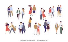 many people are standing together and talking on the phone, flat design illustration with white background