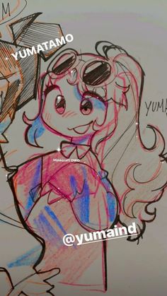 a drawing of a girl with glasses on her head and the words yumato in front of her face