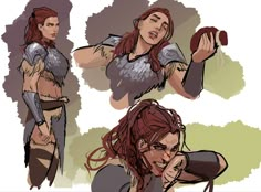 three different poses of a woman with red hair and armor, one holding an object in her hand