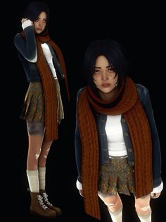 a woman wearing a brown scarf and skirt with white socks is standing in front of a black background