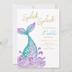 a birthday card with a mermaid tail and the words splish splash on it's side