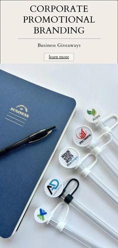 a notebook, pen and ear buds sitting on top of a desk with the title corporate promotional branding