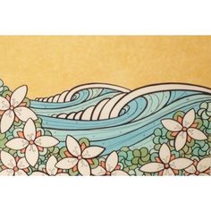 an image of a painting with flowers and waves