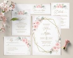 wedding stationery with pink flowers and greenery