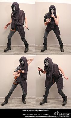 four pictures of a man with a hood and mask holding a knife in different poses