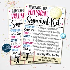 two volleyball survival kit with instructions for the beach volley ball and volleyball rules on it