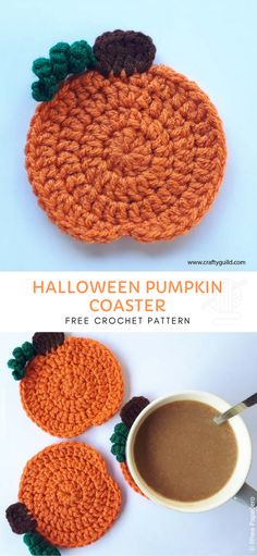 two crocheted pumpkin coasters, one is orange and the other is brown