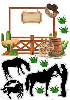 the silhouettes of horses and cactuses are shown in this graphic art workbook