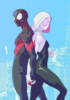 two spider - man standing next to each other in front of a cityscape