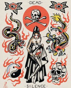 an image of a woman with tattoos on her body and two skulls in the background