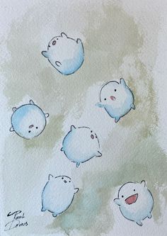 watercolor drawing of five little white bears