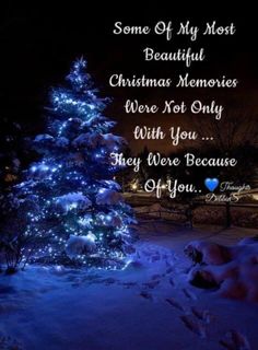 a lit christmas tree in the snow with a poem written on it that says, some of my most beautiful christmas memories were not only with you they