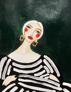 a painting of a woman in black and white striped dress with red circles on her face