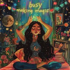 a woman sitting on top of a bed in front of a window with the words busy making magic above her head