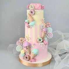 a three tiered cake decorated with ice cream and candy