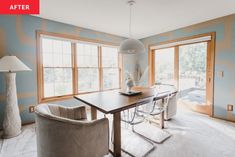 a dining room with blue and white walls