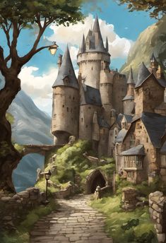 Wizarding World Castle Digital Painting Art Print Fairytale Landscape Painting, Fantasy Castle Painting, Beautiful Castles Fairytale, Dnd Architecture, Old Castle Aesthetic, Castle Paintings, Castle Concept Art, Whimsical Castle, Painting Castle