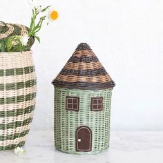 two vases with flowers in them sitting on a white counter top next to each other