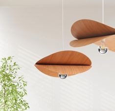 three wooden objects hang from the ceiling in an office setting with a potted plant