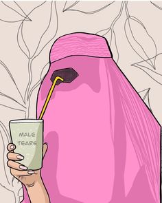 a woman in a pink hijab holding a cup with the word male tears written on it