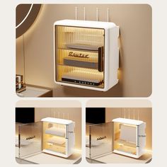 four different views of a toaster oven with the door open and its lights on