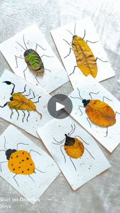 four pictures of ladybugs on white paper with yellow and orange leaves in the middle