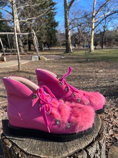 "We know you've never seen hiking boots like these! \"Our Hustla Babe\" boots are made of smooth, but tough leather and topped off with posh, rabbit fur. Jazz up your favorite sweats, leggings, or jeans with these vibrant boots! **The \"Hustla Babe\" boot runs a half size small, so order a size up. *Full leather upper *Features premium rabbit fur  *Side zipper *Top of boot shaft--3.5 inches wide *6 inches high (from top of heel to top of boot shaft0 *1 inch heel  *Comfortable insole" Boots With Fur, Hiking Winter, Jamais Vu, Spring Boots, Pink Flats, Fur Boots, Zipper Top, Rabbit Fur, Boot Shoes Women