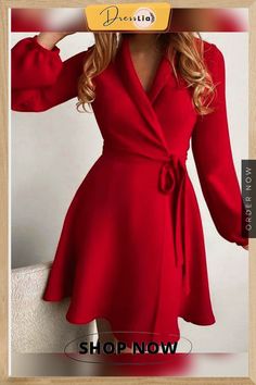 Ol Wrap Suit A Line Dress English Dresses, Long Sleeve Work Dress, Bridal Romper, Red Dress Casual, Vietnam Dress, Surplice Top, Balloon Sleeve Dress, Long Sleeve Wrap Dress, Womens Fall Dress