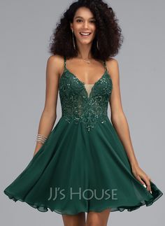 A-Line V-neck Short/Mini Chiffon Homecoming Dress With Beading Sequins (022203154) - JJ's House Green Hoco Dress Short Sequin, Green And Gold Dama Dresses, Dark Green Dama Dresses, Homecoming Dresses Green Emeralds, Dark Green Homecoming Dresses Short, Emerald Green Prom Dress Short, Emerald Green Formal Dress Short, Green Homecoming Dresses Short, Dark Green Hoco Dress