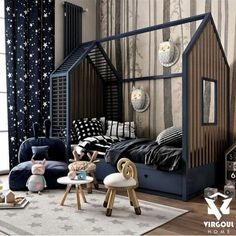 a child's bedroom with blue and brown furniture, stars on the walls and curtains