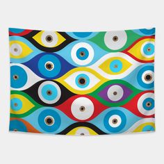 an abstract art print with colorful circles and wavy lines in blue, yellow, green, red