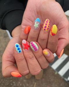 IN LOVE WITH THESE NAILS HOLY 🐄 Cute Funky Nails Summer, Fun Summer Nails 2024, Bright Fun Nails, Glow Nails, Grand Haven, Classy Acrylic Nails