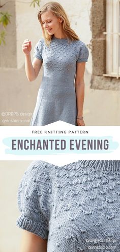 a woman wearing a knitted dress with the words, free knitting pattern enchanted evening