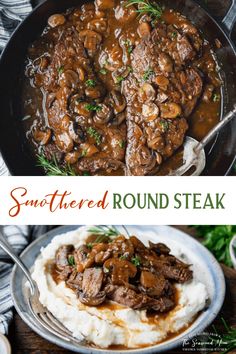 beef and mushroom stew in a skillet with mashed potatoes