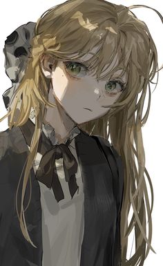 an anime character with long blonde hair wearing a black suit and bow tie, looking at the camera