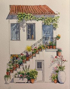 a watercolor painting of a house with potted plants and flowers on the steps