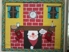 a christmas bulletin board with santa's stockings hanging on the wall and a clock