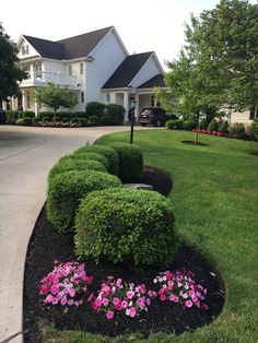 a house with flowers in the front yard and landscaping on the side of the road