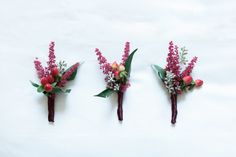 three boutonnieres with flowers are arranged on a white surface, one is red and the other has green leaves