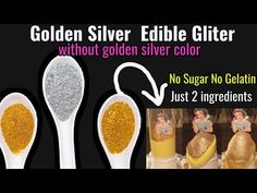 golden silver edible glitter is shown on two spoons with instructions for how to use it