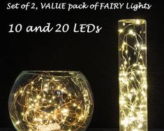 two glass vases with fairy lights in them and the words, set of 2 value pack of fairy lights 10 and 20 leds