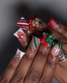 Christmas Nails Duck, Christmas Nails Shorties, Duck Nails Christmas, Duck Christmas Nails, Christmas Nails Crazy, Cute Christmas Nails Square, Christmas Duck Nails, Ugly Christmas Nails, Christmas Junk Nails