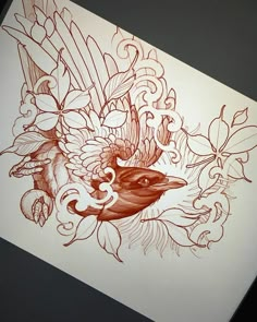 a drawing of a bird surrounded by flowers and leaves on white paper with brown ink