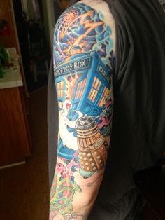 the back of a man's arm with an image of a blue phone booth